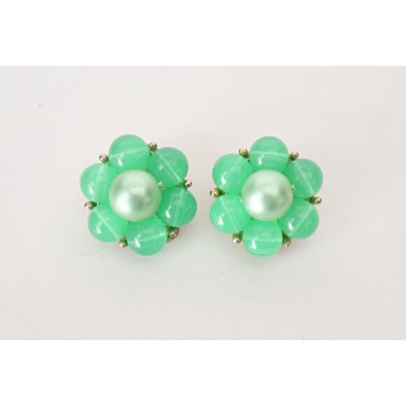 Vintage Earrings Clip On Beaded Jadeite Green Mid Century 1950s  Lot C - Picture 1 of 4